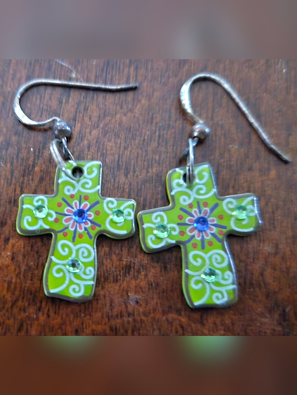 Hand Painted Green Cross Earrings